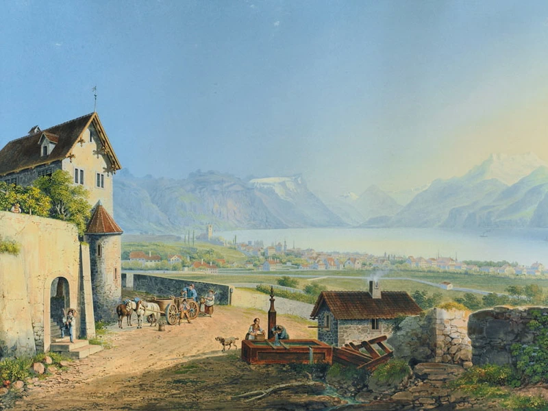 1792-Johann Ludwig Bleuler - Vista della città di Vevay e dei suoi dintorni
